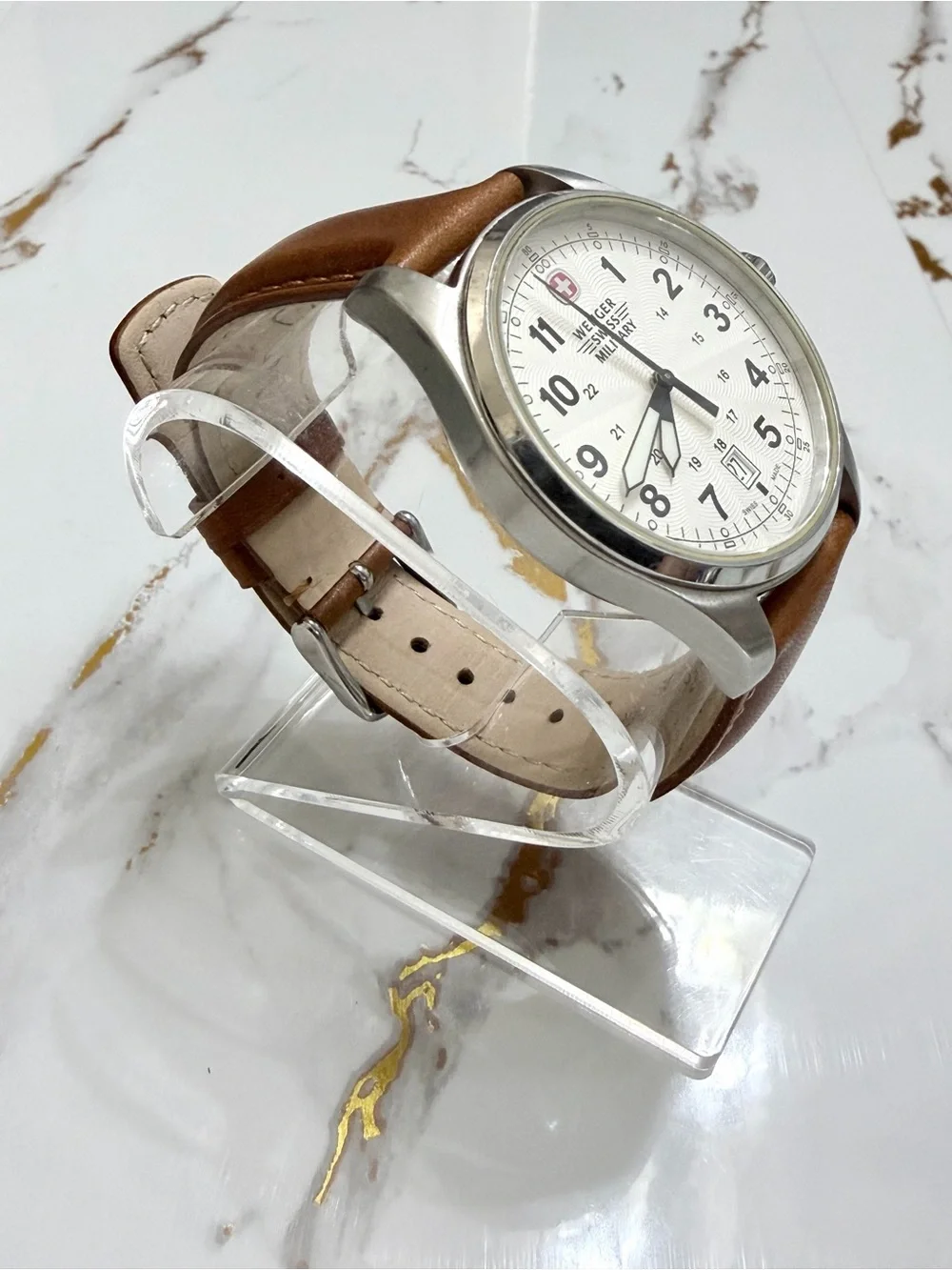 Vintage Wenger Swiss Military Mens Watch 44mm Stainless Steel Brwn Leather Band